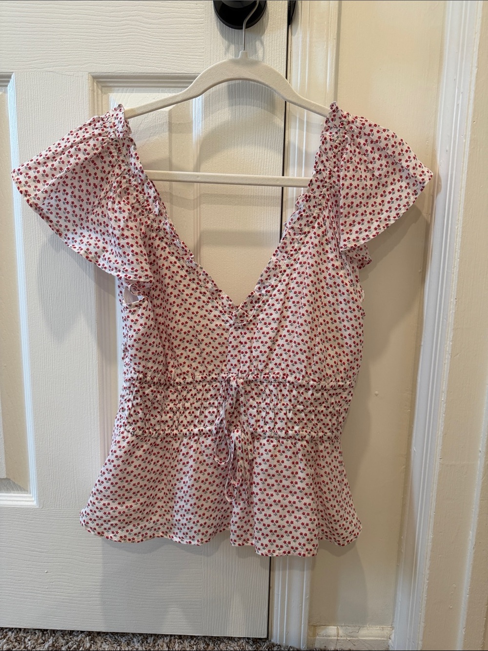 J. Crew White Blouse with Red Floral Print and Ruffle Sleeves